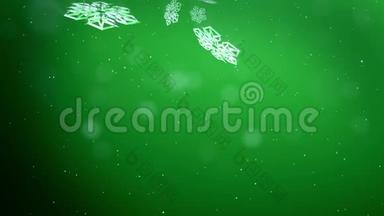 美丽的3d雪花落在绿色<strong>背景</strong>上。 用作圣诞节、<strong>新年贺卡</strong>或冬季环境的动画